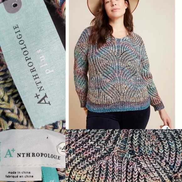 NEW 3X ANTHROPOLOGIE rainbow weave vneck cotton blend oversized sweater NWT - Picture 1 of 16